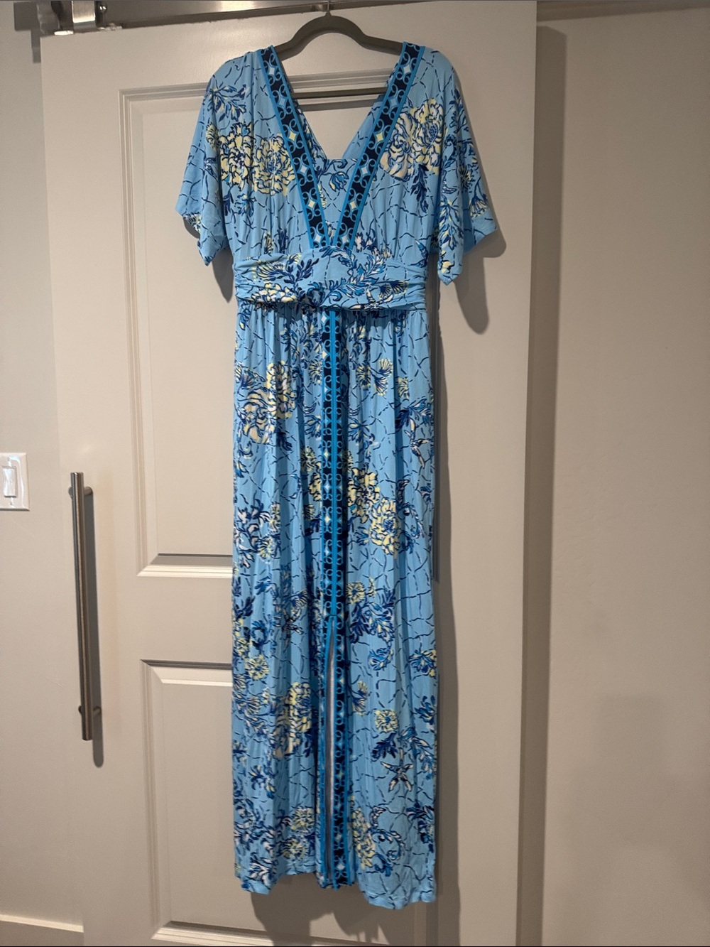 Lilly Pulitzer Sky Blue Floral Maxi Dress with Navy Trim
